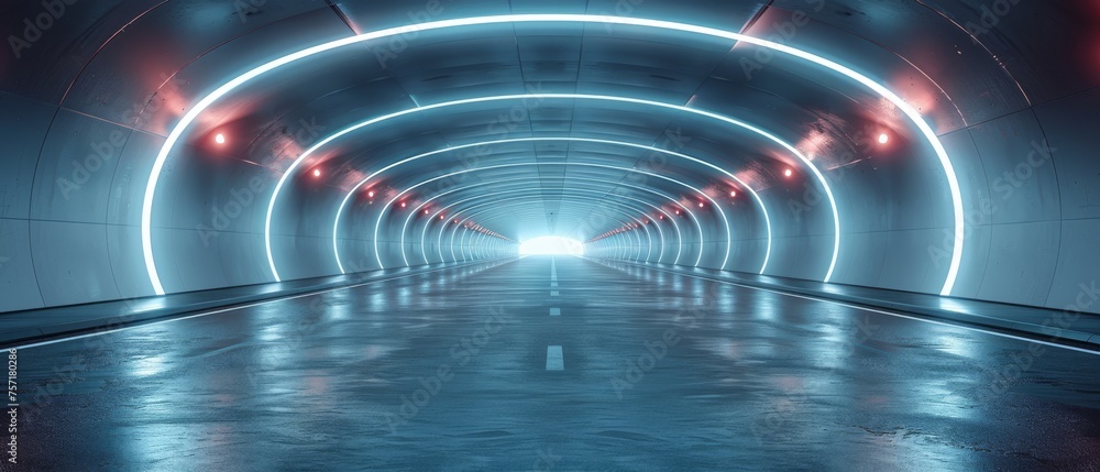 Poster a 3d rendering of an architecture tunnel on an empty asphalt road on the highway.
