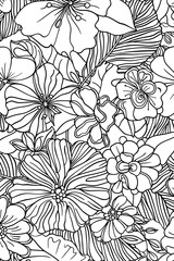 Obraz premium A beautiful assortment of flowers and botanicals intricately intertwined, creating a soothing coloring experience