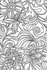 Intricate line art featuring a botanical garden theme with detailed flowers and flowing leaves