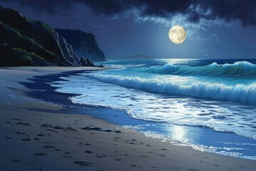 Fototapeta na wymiar A captivating painting showcasing a tranquil beach at night, illuminated by a full moon, creating a serene and peaceful ambiance, A moonlit beach with gentle waves lapping, AI Generated