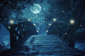 An enchanting nighttime view showcasing an illuminated bridge standing majestically over the glistening water, A moonlit bridge with heart-shaped lights casting romantic shadows, AI Generated