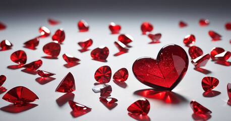 A large red heart that appears to be made of glass and is shattering into pieces. Numerous shards of glass are radiating outward from the breaking point.