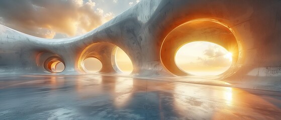 An abstract futuristic building with an empty concrete floor in 3D. - obrazy, fototapety, plakaty