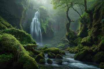 This captivating photo captures the beauty of a lush green forest with a stunning waterfall at its heart, A moss-covered forest with a hidden waterfall, AI Generated