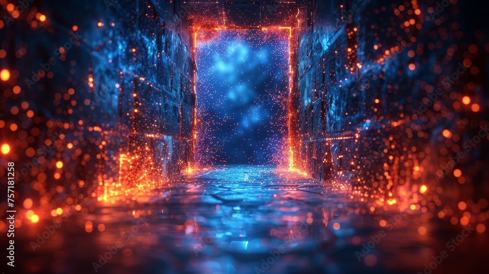 Poster this is a digital modern illustration of an open door on a blue background. it is a futuristic scien