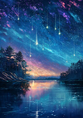 Captivating Meteor Showers Over Tranquil Lake in Oil Paint