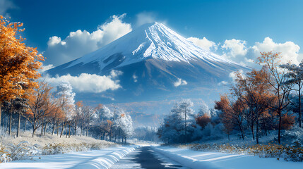 Mt Fuji in the winter season with road and leaf. - obrazy, fototapety, plakaty