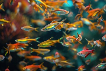 A mesmerizing sight of a diverse assortment of fish gracefully swimming together in an aquarium, A multi-colored school of tetras spiraling in synchronized movement, AI Generated - obrazy, fototapety, plakaty