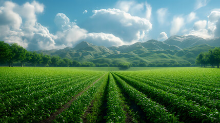 Fototapeta na wymiar Green soybean field with mountains in the background. Agricultural landscape.