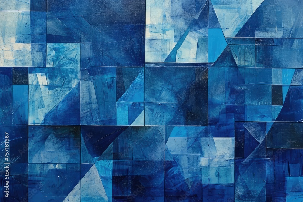Poster an eye-catching abstract painting consisting of various blue blocks arranged in a geometric pattern,
