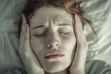 A woman lying in bed, with her hands placed on her head, in a state of relaxation, A muted portrayal of a patient suffering from a toothache, AI Generated