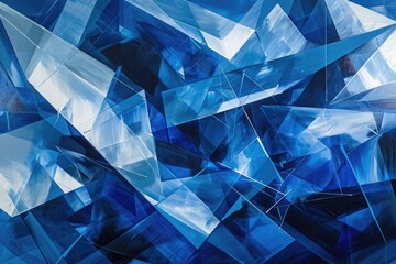 Abstract Painting of Blue and White Shapes, A myriad of geometric shapes overlapping each other...