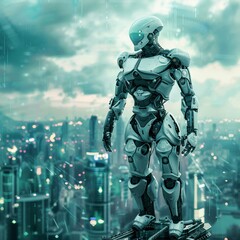 A futuristic robot standing tall in a digital world