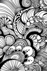 Detailed monochrome drawing with swirling organic shapes and patterns