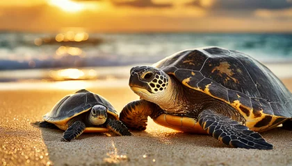 Fotobehang Close-up of an adult and newborn sea turtle on a sandy beach of a tropical island at sunset or sunrise. Generative Ai. © Alberto Masnovo