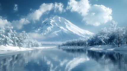 Beautiful winter landscape with snow-capped mountain fuji and lake