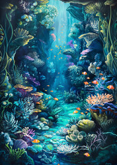 Fototapeta na wymiar Vibrant Oil Painting of Underwater Scenes with Bioluminescent Creatures
