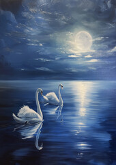 Graceful Swans Gliding on Moonlit Lake in Oil Paint