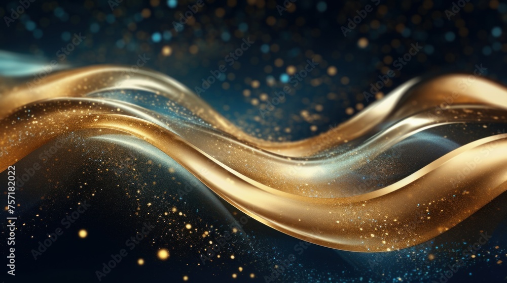 Poster abstract image depicting waves of blue silk fabric interspersed with a cascade of golden particles, 