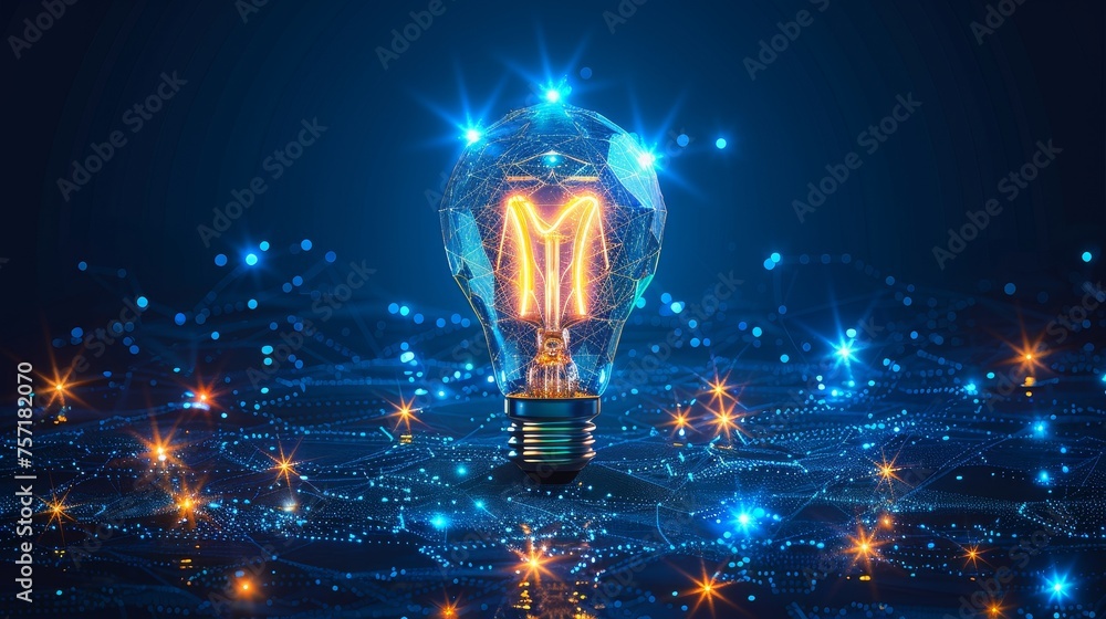 Poster The abstract Happy 2024 New Year greeting card features a light bulb on a low poly background with a wireframe light structure. This is a modern design based on 3D graphics. Modern graphics.