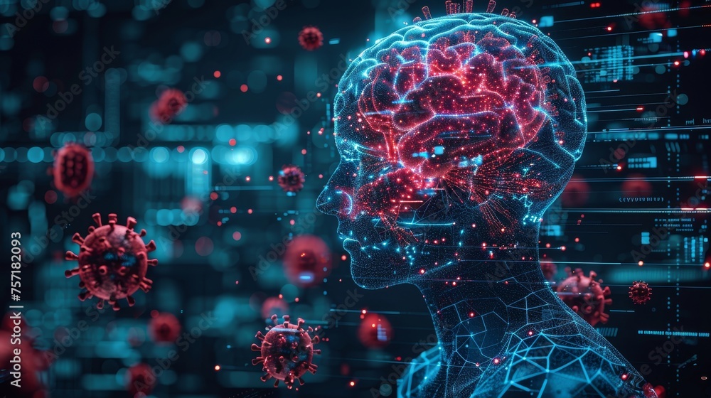 Aufkleber An abstract brain behind a futuristic guard shield attacked by red viruses. Concept for medical protection. Low poly style. Geometric background. Wireframe connection structure. Modern 3D graphic.