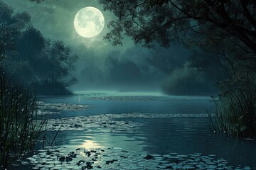 A captivating painting of a river with a serene full moon shining in the backdrop, A mystical swamp...