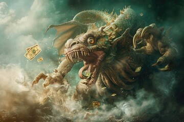 A captivating painting featuring a mythical dragon with streams of currency pouring from its open jaws, A mythical creature capturing funds to portray inflation as a monster, AI Generated