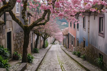 A scenic cobblestone street flanked by trees adorned with vibrant pink flower blossoms, A narrow cobblestone street lined with blooming cherry blossom trees, AI Generated