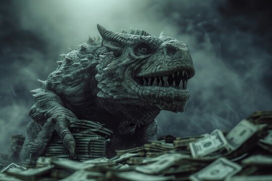 A commanding image of Godzilla, the legendary monster, standing tall amidst stacks of money, A mythical creature capturing funds to portray inflation as a monster, AI Generated