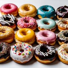 Donuts of Various Flavors, Doughnuts with mirror glaze icing, icing glaze and sprinkles donuts, multicolored doughnuts with sprinkles on white background, some bakery sweet products for children