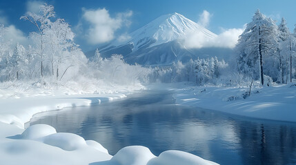 Beautiful winter landscape with mountain fuji and snow-covered lake - obrazy, fototapety, plakaty