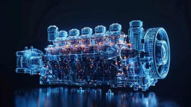 This is a modern illustration of a piston engine car isolated on a black background with gear mechanisms - A mechanic or repair service concept banner - A polygonal wireframe style.