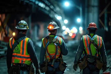 Foto op Canvas Three Construction Workers Walking Down a Street at Night, A night scene of construction workers wearing glow-in-the-dark safety vests, AI Generated © Iftikhar alam