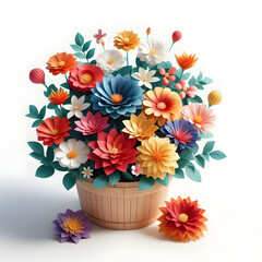 Pot of flowers, paper flowers, isolated on  a White background, 3d render