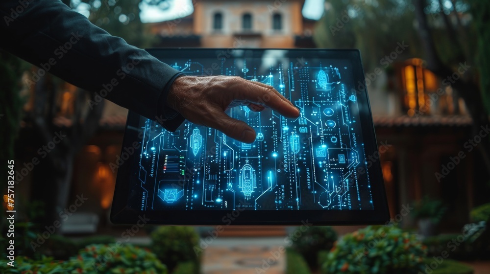 Poster businessman touching screen of artificial intelligence. conceptual image of digital information tech