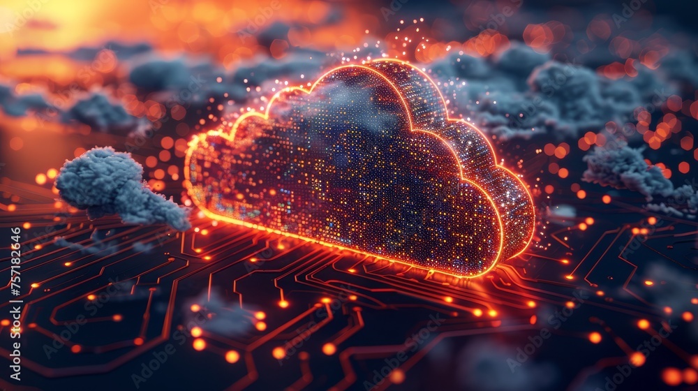 Poster Concept of cloud computing. Online computing technology, applications, software, storage, network, simulation system, artificial intelligence.