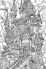 A bewitching black and white doodle of an elaborate fairytale castle, surrounded by mystery and fantasy elements