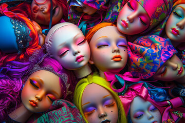 Compose an image with lead dolls seamlessly blending into a universe of lively hues