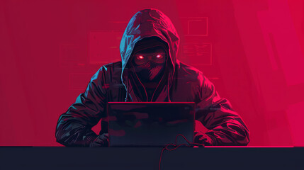 A concealed person in a hood hacks into a system in a red digital atmosphere, hinting at cyber warfare and digital intrusion