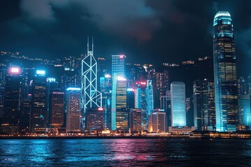 Nighttime Cityscape With Illuminated Tall Buildings, A nighttime cityscape with towering skyscrapers illuminated in romantic lights, AI Generated