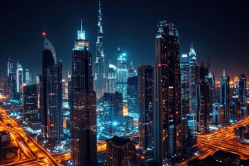 Night View of a Vibrant Cityscape Dominated by Tall Buildings, A nighttime cityscape with towering skyscrapers illuminated in romantic lights, AI Generated