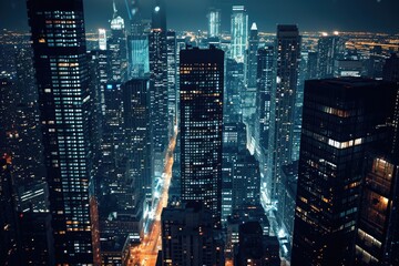 A Breathtaking Nighttime Cityscape From the Apex of a Towering Skyscraper, A nighttime cityscape with towering skyscrapers illuminated in romantic lights, AI Generated