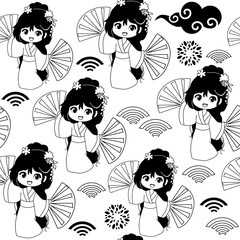 Cute little girl in anime style dressed in kimono seamless pattern on a white background. One line simple vector illustration chibi woman. Coloring book for children. Black and white