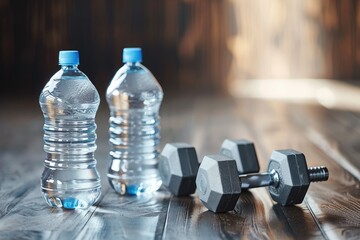 Two water bottles resting on a rustic wooden table, ready to quench your thirst, A pair of dumbbells next to a hydration water bottle, AI Generated - obrazy, fototapety, plakaty