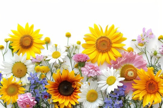 The background of summer flowers is created using an aster, roses, sunflowers, and chamomile flower collection isolated on white.