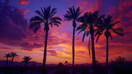 Fototapeta na wymiar A dramatic sunset over a vast desert landscape, with silhouetted palm trees swaying in the warm breeze