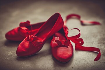 A pair of red ballet shoes with a red ribbon tied neatly, showcasing the elegance and grace of ballet, A pair of red ballet slippers with heart-shaped ribbons, AI Generated - obrazy, fototapety, plakaty