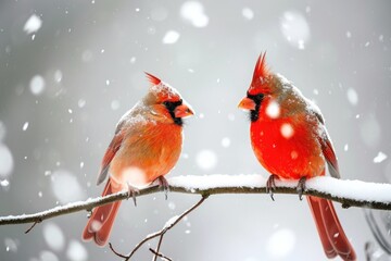 Two red birds perched on a branch covered in snow, showcasing their vibrant colors against the white backdrop, A pair of red cardinals against the backdrop of a white winter wonderland, AI Generated