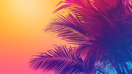 A colorful gradient background with tropical leaves