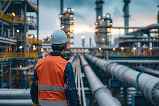Back view of engineer wearing safety clothes and hardhat at Pipeline and pipe rack of petroleum, chemical, hydrogen industrial plant. Industrial zone ... See More